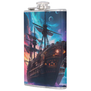 Pirate Space Ship Nebula and Moons  Hip Flask