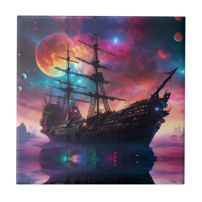 Pirate SpaceShip Lands on Another Planet Ceramic Tile (Front)