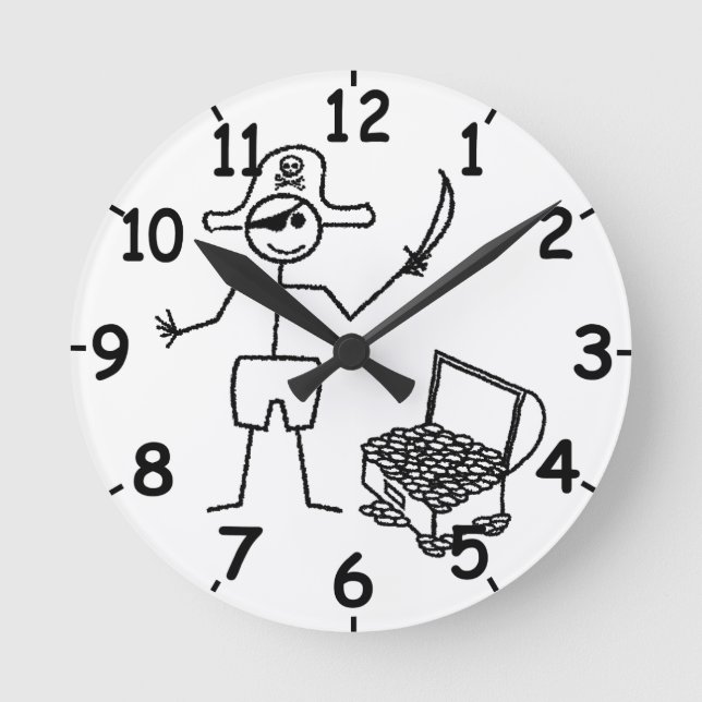 Pirate Stickman With Treasure Chest Round Clock (Front)