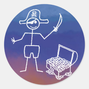 Pirate Stickman With Treasure Chest Watercolor Classic Round Sticker