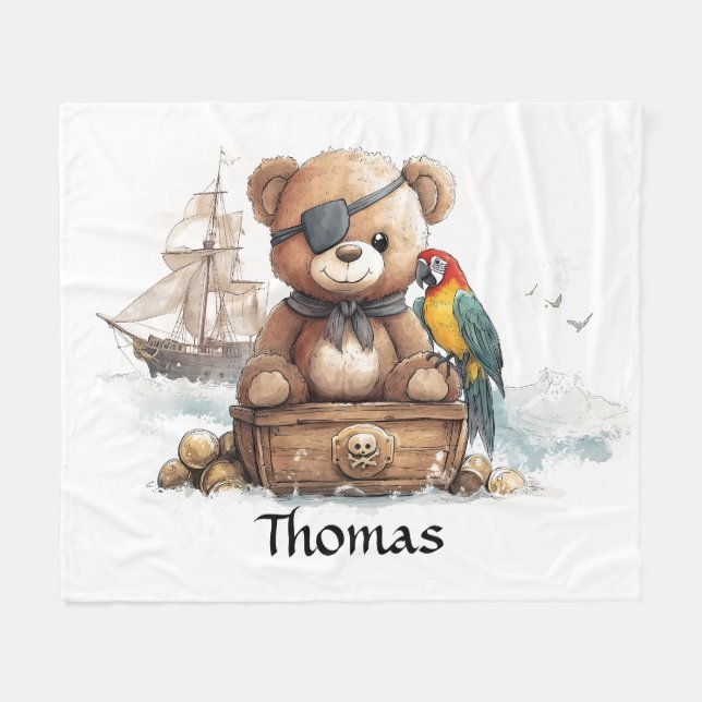 Pirate Teddy Bear Adventure - Customizable Fleece Blanket (Front (Horizontal))