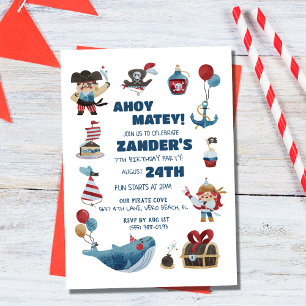 Pirate Theme Ahoy Matey Boys Birthday Party  Invitation