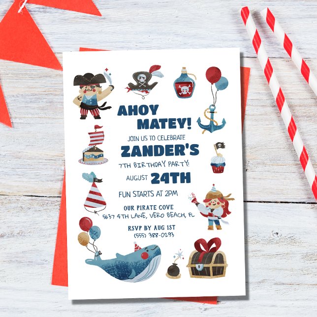 Pirate Theme Ahoy Matey Boys Birthday Party  Invitation (Pirate Theme Ahoy Matey Boys Birthday Party Invitation)