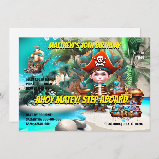 Pirate theme birthday boy swashbuckling arrr party invitation (Front/Back)
