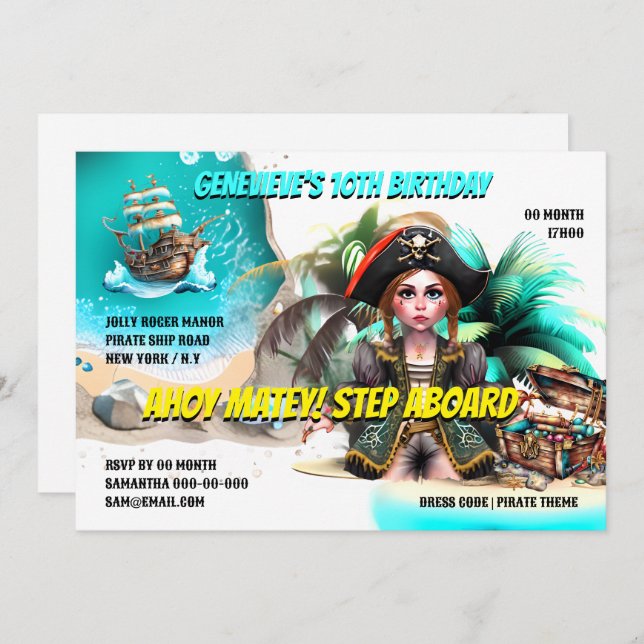 Pirate theme birthday girl captain treasure chest invitation (Front/Back)
