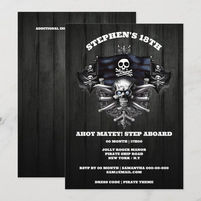 Pirate theme jolly roger ahoy matey skull masthead invitation (Front/Back)