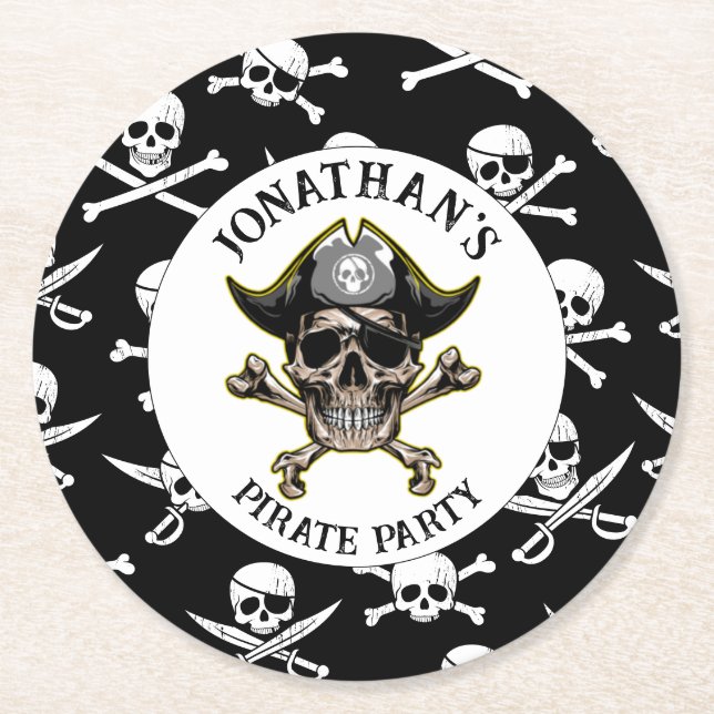 Pirate theme Party Adult Skull.Cross Bones Round Paper Coaster (Front)