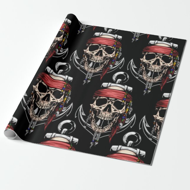 Pirate theme Party Adult Skull Nautical Wrapping Paper (Unrolled)