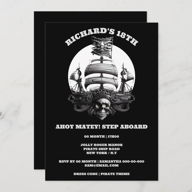 Pirate theme party black white skull ship flag invitation (Front/Back)