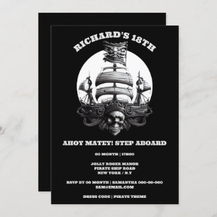 Pirate theme party black white skull ship flag invitation