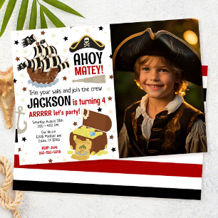 Pirate Themed Ahoy Jolly Roger Boy Photo Birthday  Invitation