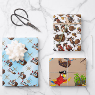 Pirate Themed Wrapping Paper Flat Sheet Set of 3
