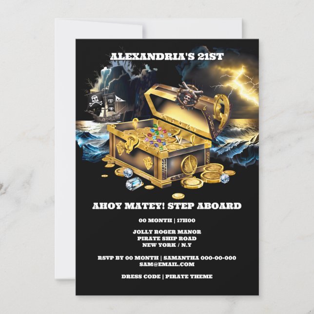 Pirate treasure chest gold gemstones theme party invitation (Front)