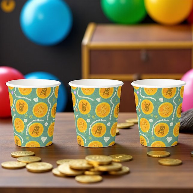 Pirate Treasure Gold Coin Party  Paper Cups (Gold pirate coin party cups with pearls and gems, perfect for kids’ pirate birthdays and treasure hu)