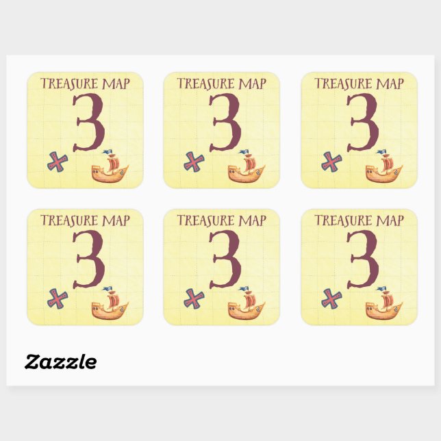Pirate Treasure Map Age 3 Square Sticker (Sheet)