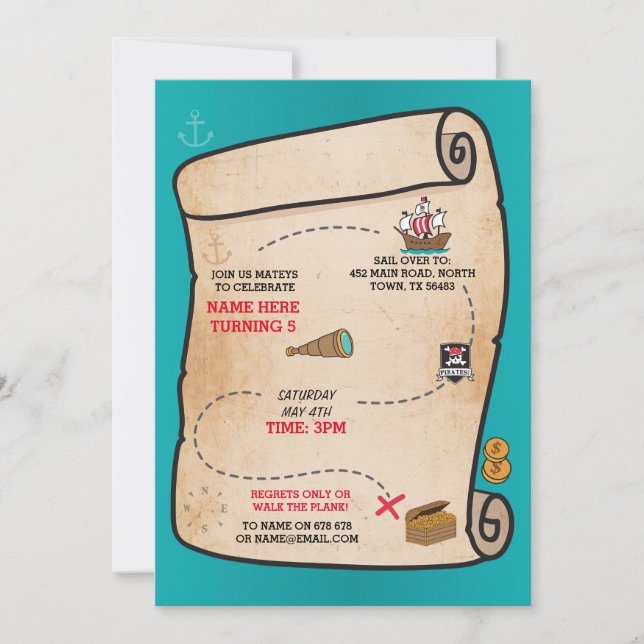 Pirate Treasure Map Birthday Ship Party Invite (Front)
