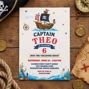 Pirate Treasure Quest Nautical Kids Birthday Party Invitation