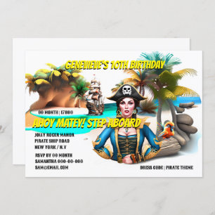 Pirate woman captain tropical island bird ship invitation