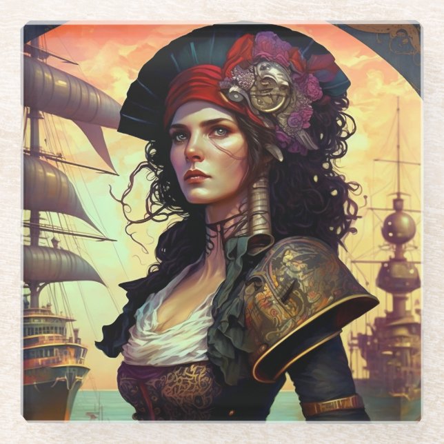 Pirate Woman Fantasy Art Glass Coaster (Front)