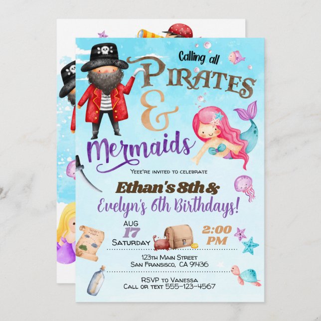 Pirates and Mermaid Birthday Invitation (Front/Back)