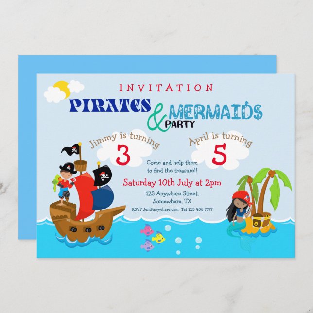 Pirates and Mermaid Colourful Joint Birthday Party Invitation (Front/Back)