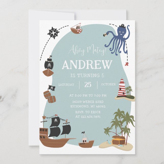 Pirates Birthday Invitation Template Ahoy Matey (Front)