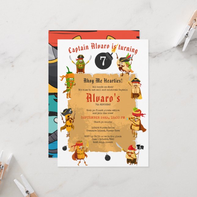 Pirates Fiesta Funny Pirate Cartoon Birthday Party Invitation (Front/Back In Situ)