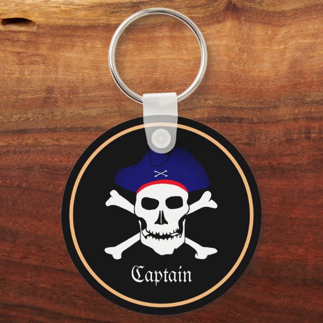 Pirates Flag & Ship Captain, Skull in Hat / Black Key Ring (Front)