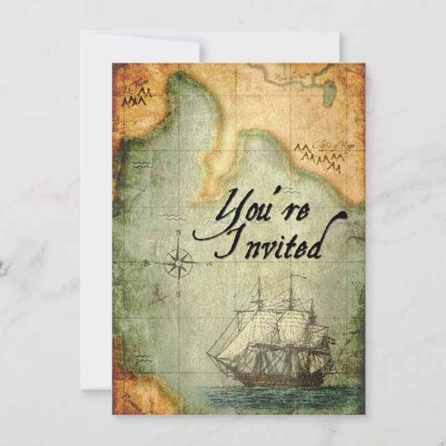 Pirates Party Invite on Antique Map (Front)