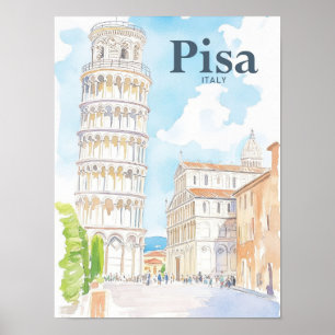 Pisa Italy Watercolor Painting Travel Poster