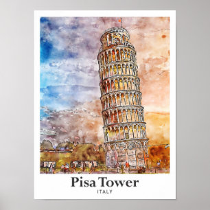 Pisa Tower Italy Travel Watercolor Hand Drawn Poster