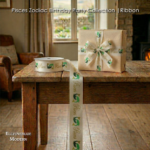 Pisces 1st Birthday Gold Glitter Elegant Zodiac Satin Ribbon