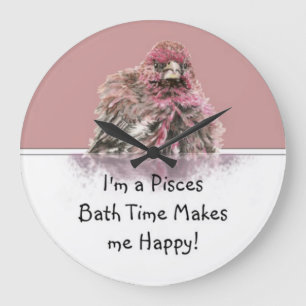 Pisces Bath Time Makes me Happy, Cute Bathing Bird Large Clock