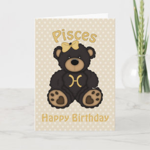 Pisces Brown Bear Happy Birthday Card