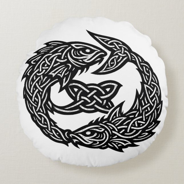 Pisces Celtic Twin‑Current Sigil | BurnsInHell Ink Round Cushion (Front)