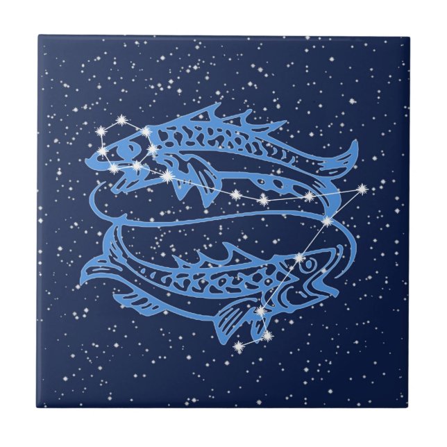 Pisces Constellation and Sun Sign with Stars Ceramic Tile (Front)