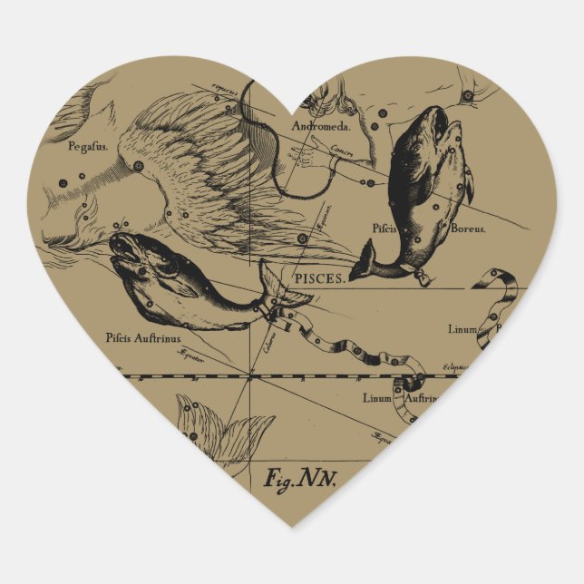 Pisces Constellation Hevelius 1690 Decor Heart Sticker (Front)