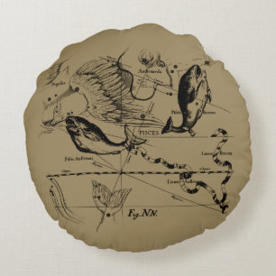 Pisces Constellation Hevelius 1690 on Taupe Round Cushion
