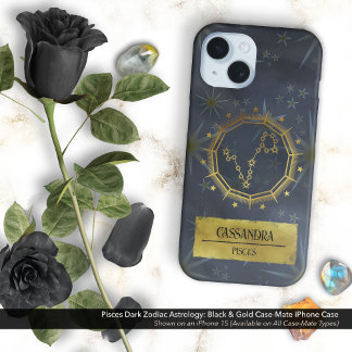 Pisces Dark Zodiac Astrology: Black & Gold iPhone 16 Case