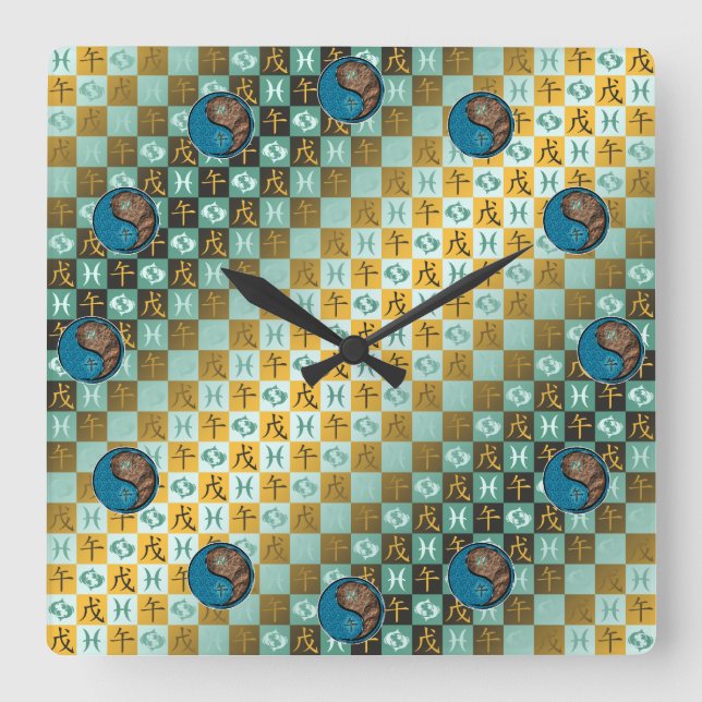 Pisces & Earth Horse Square Wall Clock (Front)
