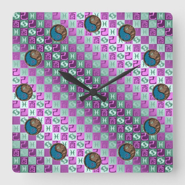 Pisces & Earth Rooster Square Wall Clock (Front)