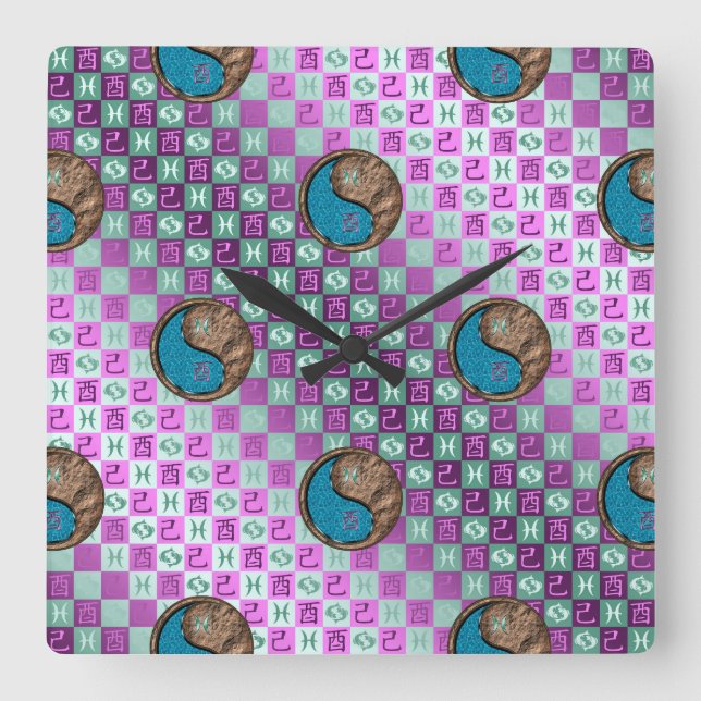 Pisces & Earth Rooster Square Wall Clock (Front)