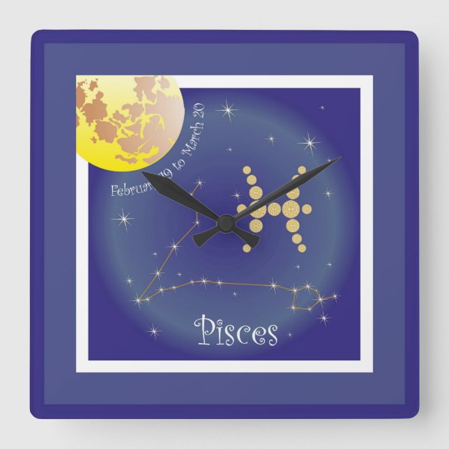 Pisces February 19 to March 20 Uhr Square Wall Clock (Front)