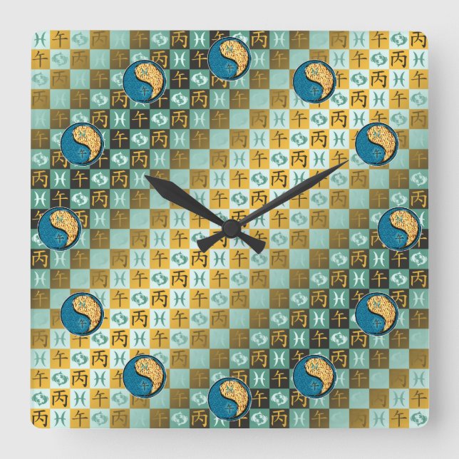 Pisces & Fire Horse Square Wall Clock (Front)