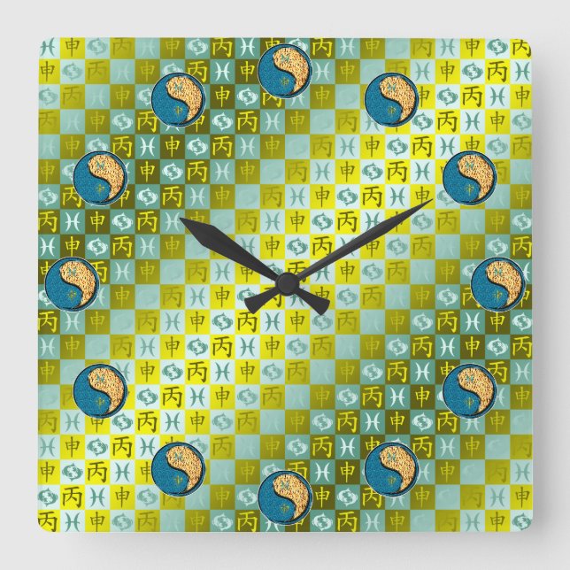 Pisces & Fire Monkey Square Wall Clock (Front)