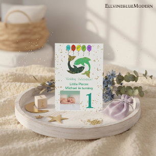 Pisces First Birthday Gold, Balloons & Photo Invitation