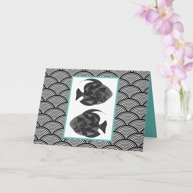 Pisces Fish Black White Aqua Zodiac Japan Birthday Card (Orchid)