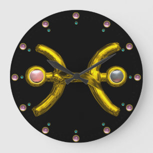 PISCES GOLD ZODIAC BIRTHDAY JEWEL WITH PEARL,Black Large Clock