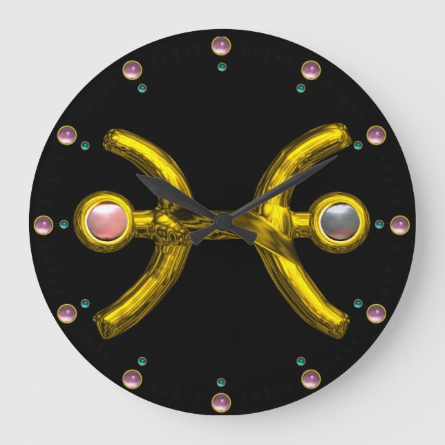 PISCES GOLD ZODIAC BIRTHDAY JEWEL WITH PEARL,Black Large Clock (Front)