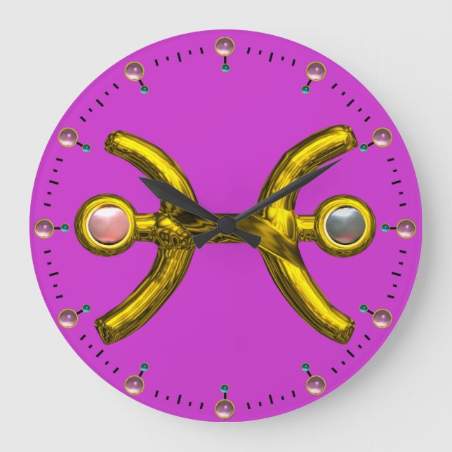 PISCES GOLD ZODIAC BIRTHDAY JEWEL WITH PEARLS LARGE CLOCK (Front)
